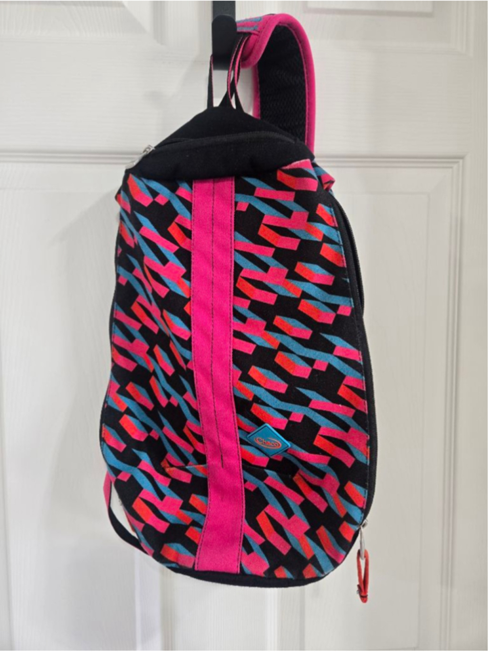 Women's Chaco Sling Backpack One Size Black Pink Blue Geometric